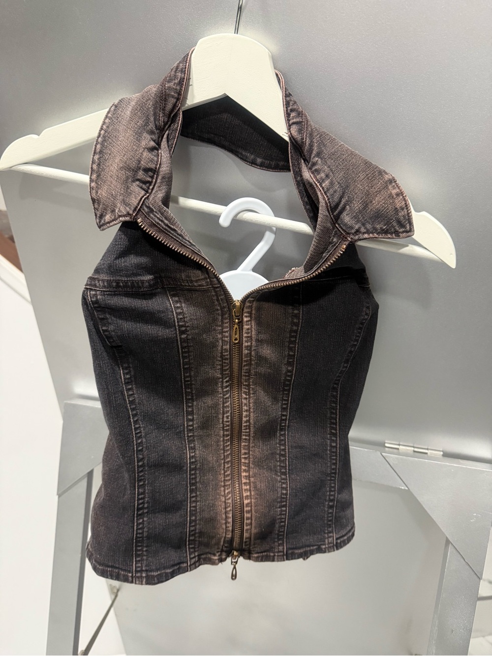 Urban Outfitters Faded Black Zip-Front Sleeveless Denim Jacket